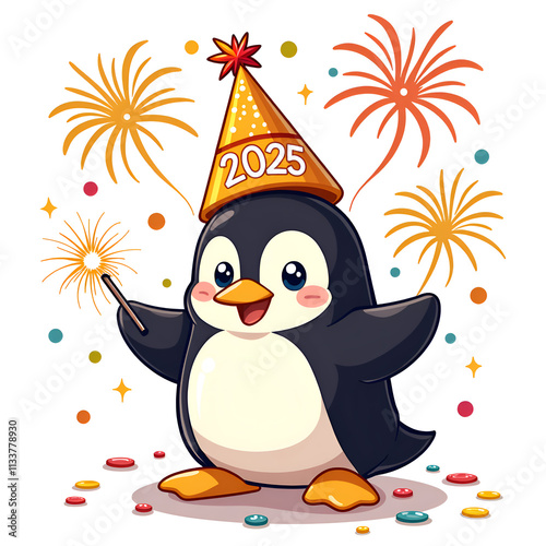 Cheerful penguin celebrating new year with sparklers and fireworks in a festive atmosphere, digital illustration of character design concept. photo