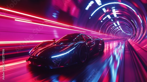 Futuristic Sports Car Speeding Through Neon Tunnel photo