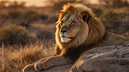 Lion , Majestic Lion Resting on a Rock at Sunset in the African Savanna photo