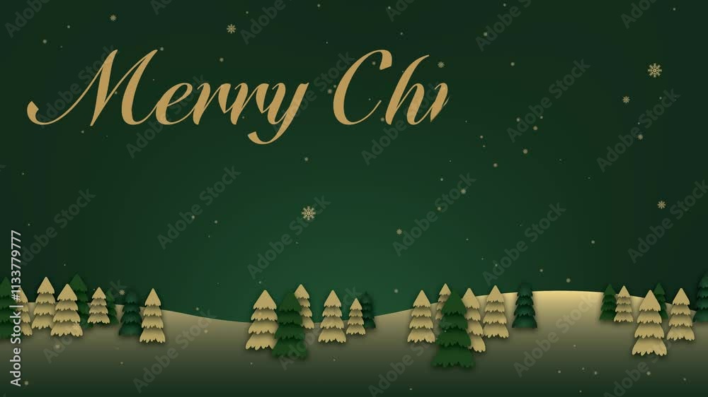Gold and Green Pine Trees with Golden Snowflakes, animated snow, Merry Christmas text