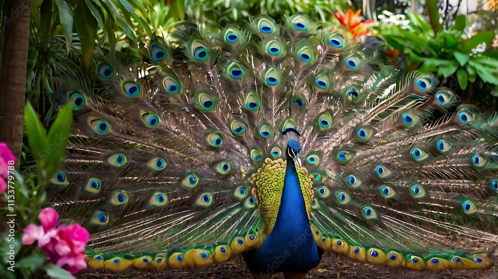 Obraz premium Peacock , Vibrant Peacock Displaying Its Magnificent Feathers in a Colorful Garden Setting
