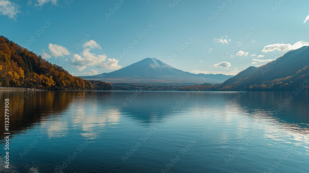 Majestic Mount Fuji reflected on calm water in autumn surrounded by colorful trees Majestic Mount Fuji reflected on calm water in autumn surrounded by colorful trees