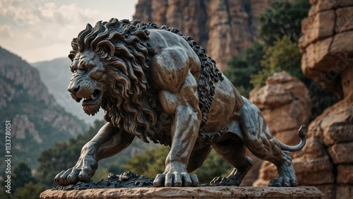 Statue of Heracles wrestling the Nemean Lion, in a dynamic pose subduing the beast, with rugged wilderness as the backdrop, carvings emphasizing his unmatched strength and fierce determination. photo