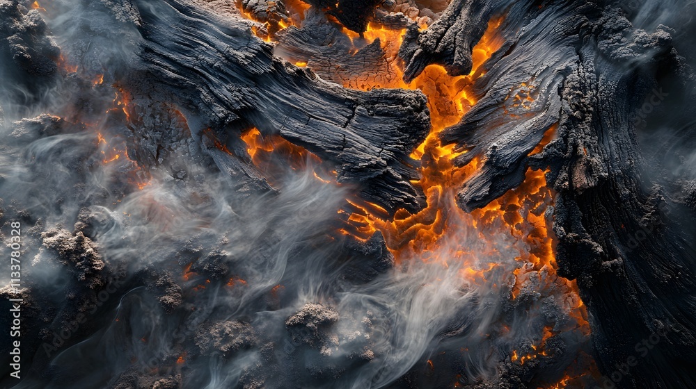 Embers glowing within a smoky charred log