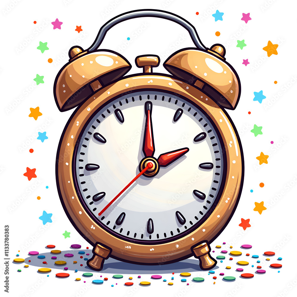 Whimsical alarm clock surrounded by colorful stars and confetti, digital illustration of conceptual art concept. Whimsical alarm clock surrounded by colorful stars and confetti, digital illustration of conceptual art concept.