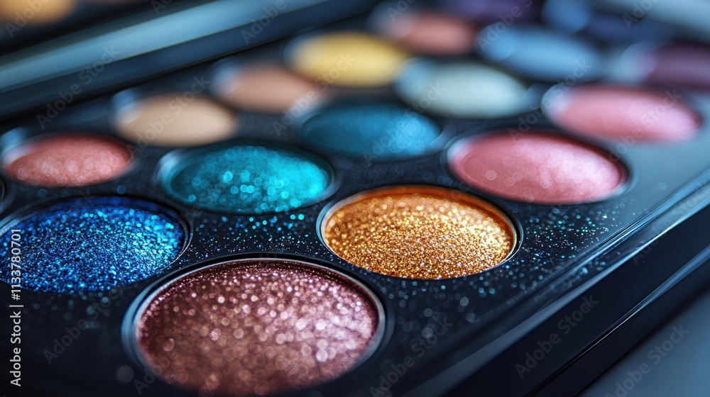 A close-up of a colorful eyeshadow palette showcasing vibrant, sparkling shades for makeup application. A close-up of a colorful eyeshadow palette showcasing vibrant, sparkling shades for makeup application.