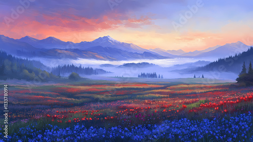 Serene misty dawn breaks over vibrant tulip fields in skagit valley, with rolling hills and mount baker looming in the distance. Looming. Illustration