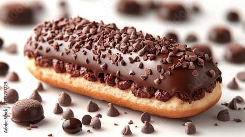 Delicious Chocolate Eclair Topped with Chocolate Sprinkles and Surrounded by Chocolate Chips on a Light Background for Dessert Lovers