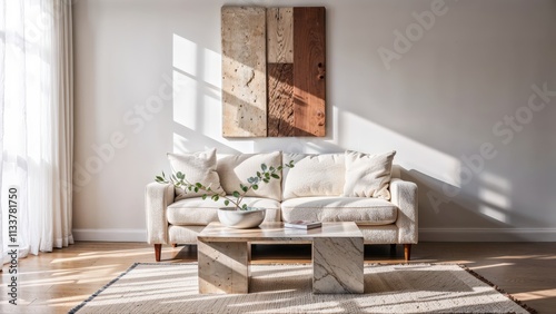 Generative AI, Contemporary living room with textured sofa and neutral tones photo