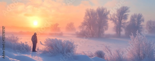 A figure stands in a snowy dawn, Generative AI