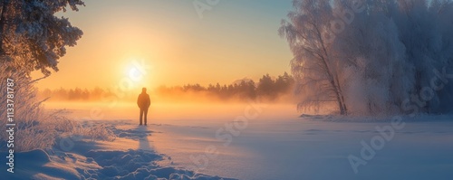 A figure stands in a snowy dawn, Generative AI