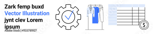 Gear icon with check mark, clothing on rack, financial spreadsheet with currency symbol, and sample text. Ideal for business operations, financial planning, e-commerce, inventory management