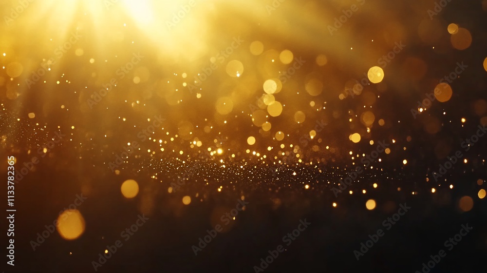 Fototapeta premium Golden glittering dust particles illuminated by a bright light source on a dark background.