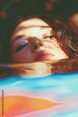 Woman’s face submerged in water, close-up, beauty