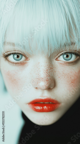 Contemplative portrait of a woman, blue eyes, white hairs, beauty, close-up, front view
