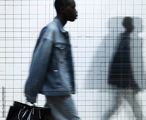 Black man wearing a denim jacket, fashion, runway, side view