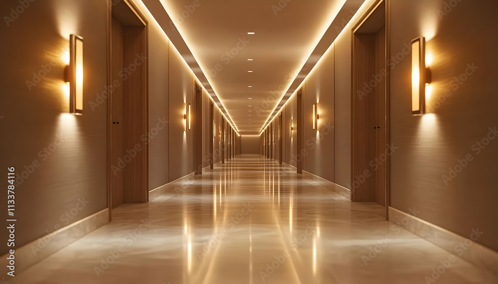 A modern hotel corridor illuminated by soft lighting, showcasing a sleek, polished floor. A modern hotel corridor illuminated by soft lighting, showcasing a sleek, polished floor.