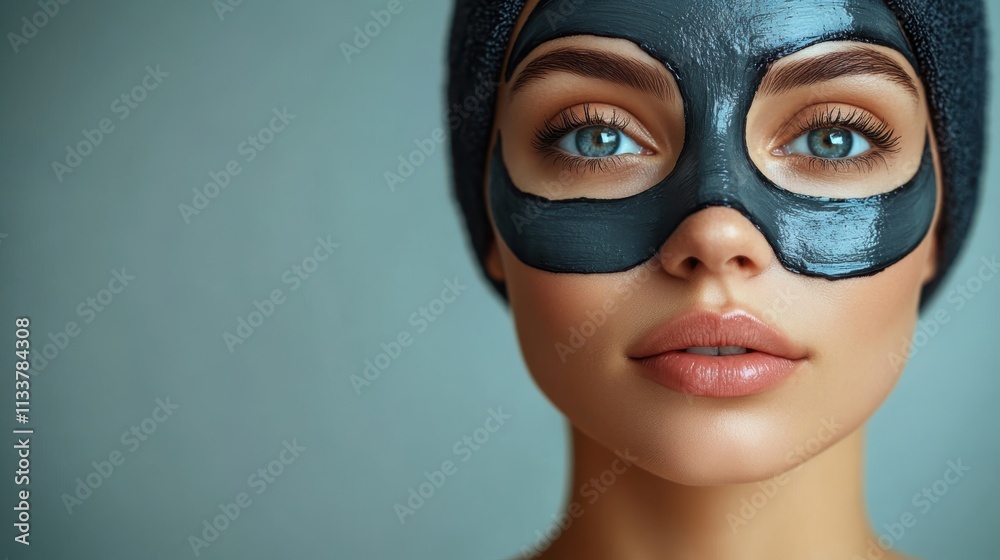 A woman with a black facial mask, showcasing skincare and beauty treatment. A woman with a black facial mask, showcasing skincare and beauty treatment.
