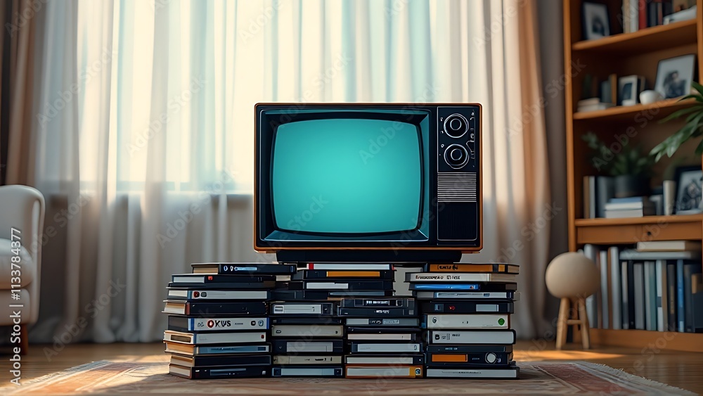 Living room featuring a classic CRT television surrounded by stacked VHS tapes and retro decor. A nostalgic scene capturing vintage home aesthetics. Living room featuring a classic CRT television surrounded by stacked VHS tapes and retro decor. A nostalgic scene capturing vintage home aesthetics.