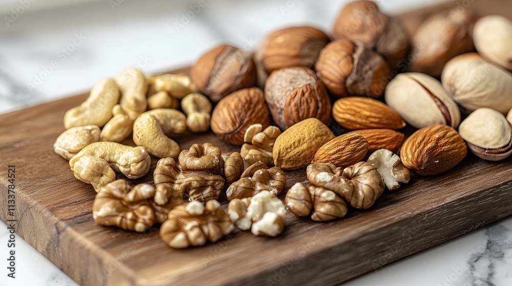 variety of nuts on a wooden board, blended with an image of muscle symbols, representing protein content. | [Nuts]:[Superfood] 