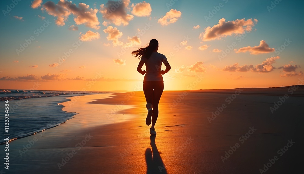 Serene Run: A Woman's Silhouette Illuminated by Sunrise on the Beach Serene Run: A Woman's Silhouette Illuminated by Sunrise on the Beach