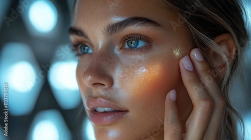 A close-up portrait of a woman showcasing glowing skin and vibrant blue eyes.
