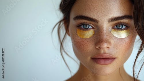 A close-up of a woman with gold eye patches, emphasizing skincare and beauty.