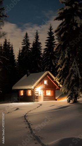 A cozy cabin in a snowy landscape at night, illuminated by warm light from the windows. The scene features tall trees covered in snow, a clear starry sky, and a path leading to the cabin.