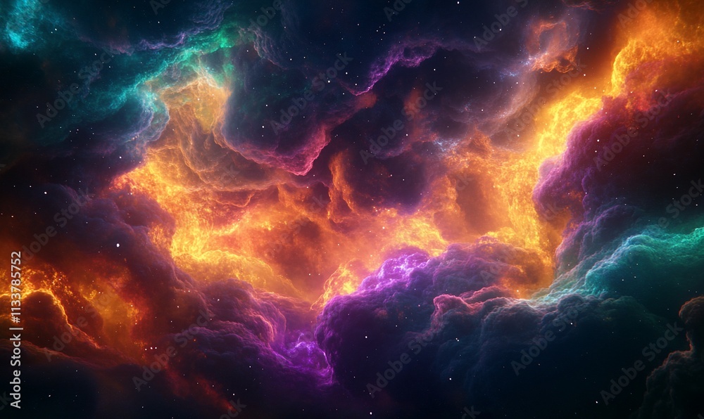 Vibrant nebula with orange, purple, and teal clouds in space. Vibrant nebula with orange, purple, and teal clouds in space.