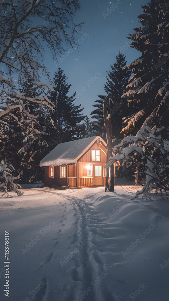 A cozy cabin in a snowy landscape at night, illuminated by warm light from the windows. The scene features tall trees covered in snow, a clear starry sky, and a path leading to the cabin. A cozy cabin in a snowy landscape at night, illuminated by warm light from the windows. The scene features tall trees covered in snow, a clear starry sky, and a path leading to the cabin.