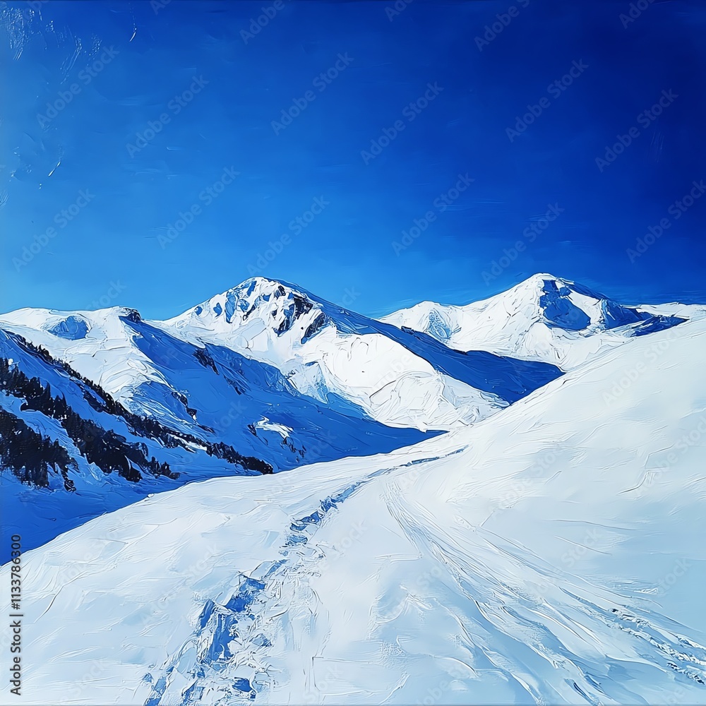 Snow-covered mountains under a clear blue sky, serene winter landscape.
