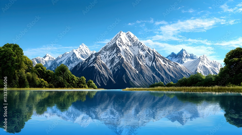 Fototapeta premium Crystal-Clear Lake Reflecting Snow-Capped Mountains Surrounded by Lush Green Forests Under a Bright Blue Sky, Showcasing the Serenity and Natural Beauty of an Idyllic Alpine Landscape