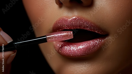 Close-up of a hand applying glossy pink lip gloss on full lips. photo