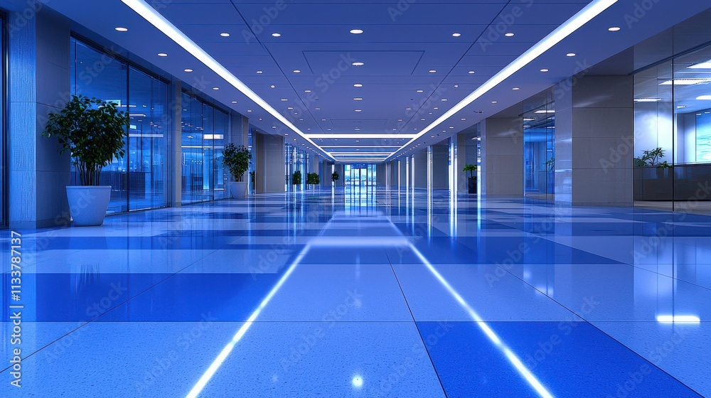 Fototapeta premium Modern office hallway with blue floor, glass walls, and sleek lighting. Perfect for corporate or architectural design.