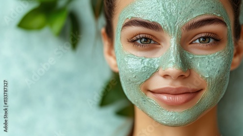 A woman with a green facial mask smiles, showcasing skincare and relaxation.