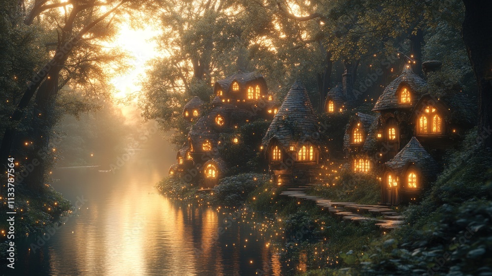 Enchanted village, glowing lights, riverside setting. Enchanted village, glowing lights, riverside setting.