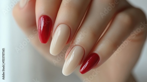 A close-up of elegantly manicured nails with a mix of red and nude polish.
