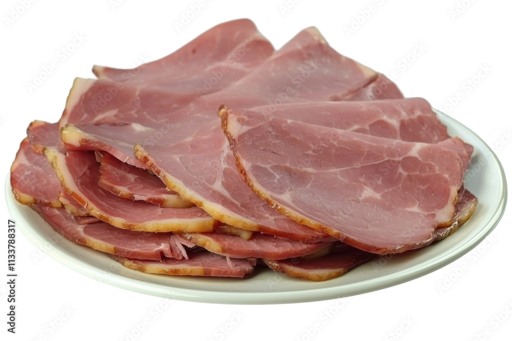 Sliced Ham Arranged on Plate, Isolated on PNG Transparent Background Sliced Ham Arranged on Plate, Isolated on PNG Transparent Background