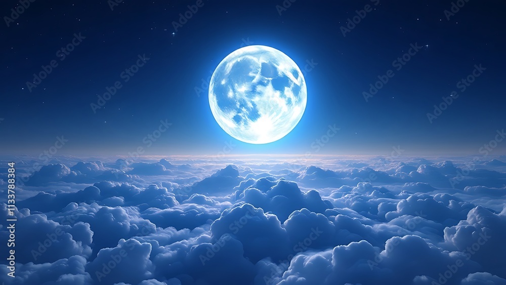 Large, bright full moon glowing over a sea of clouds in a dark blue sky. Dreamy and ethereal night scene capturing the beauty of a moonlit landscape. Large, bright full moon glowing over a sea of clouds in a dark blue sky. Dreamy and ethereal night scene capturing the beauty of a moonlit landscape.