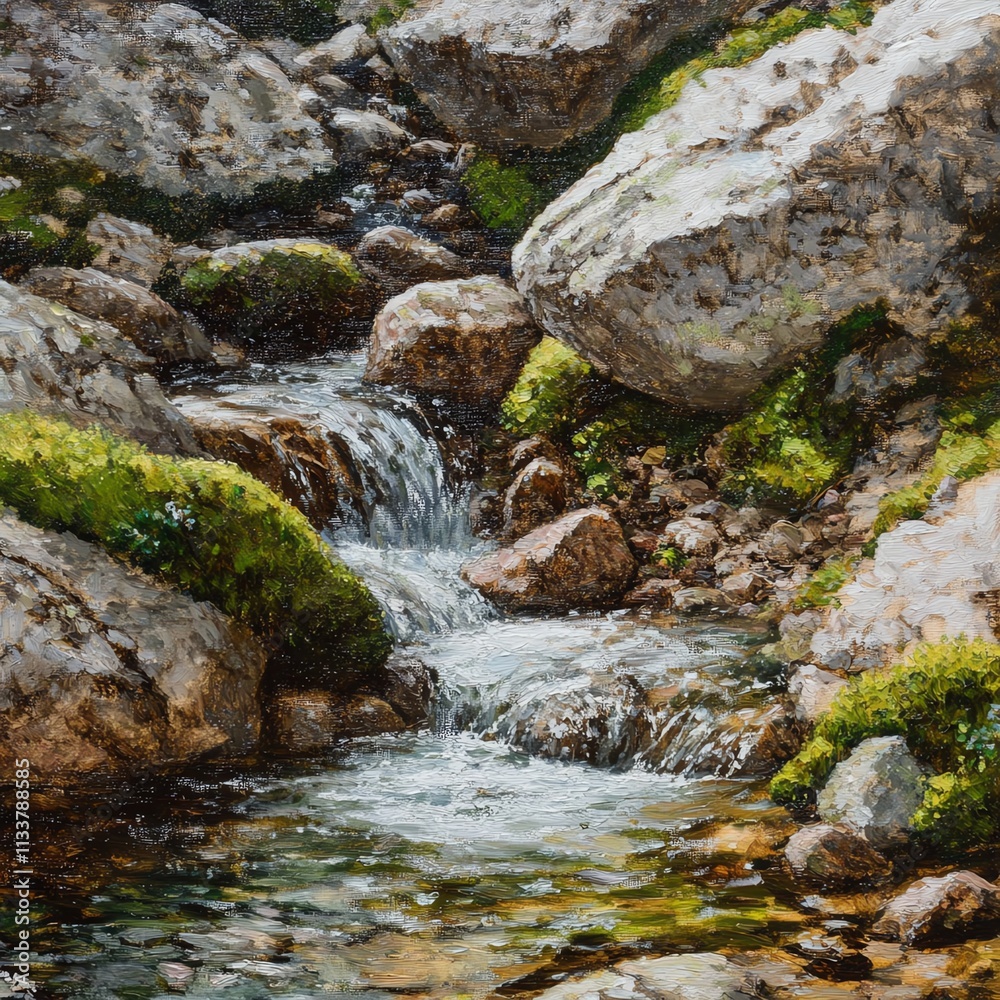 Tranquil stream flowing through rocks and greenery, natural serene setting. Tranquil stream flowing through rocks and greenery, natural serene setting.