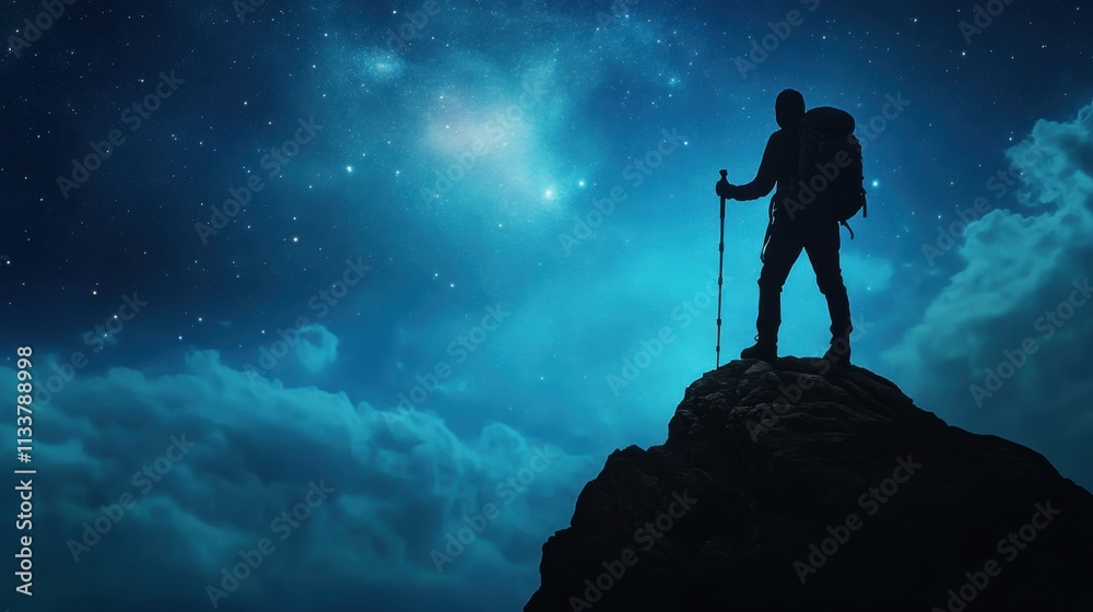 Adventurous climber reaching for the stars mountain peak nighttime landscape inspiring sky silhouette viewpoint Adventurous climber reaching for the stars mountain peak nighttime landscape inspiring sky silhouette viewpoint
