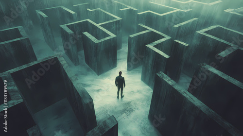 A man stuck in a labyrinthlike maze, surrounded by confusing paths and looming walls, conveying a sense of isolation and confusion, aigenerated, highdefinition, resolution. Looming. Illustration