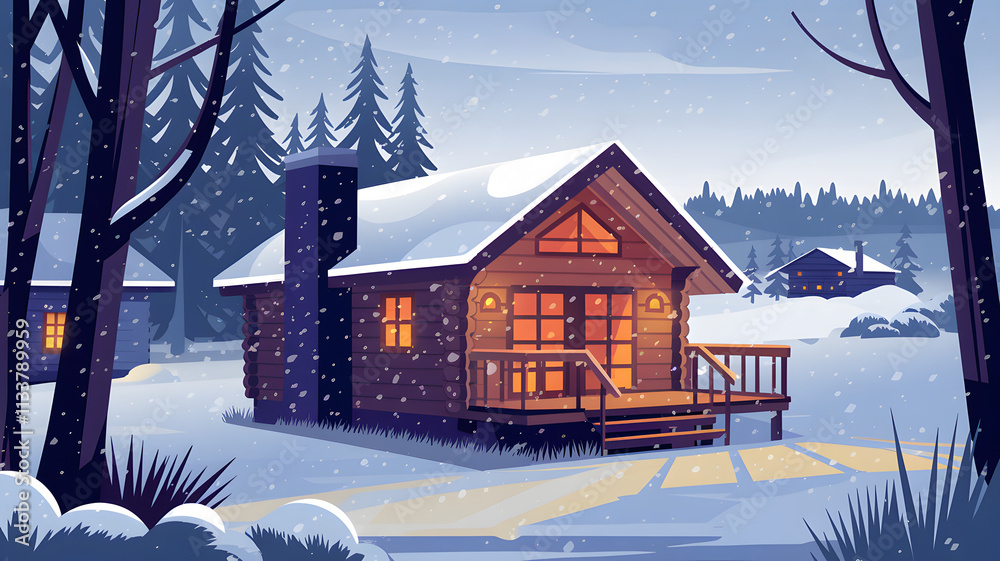 Fototapeta premium A cozy wooden cabin in a snowy forest landscape, surrounded by tall trees and a cloudy sky.