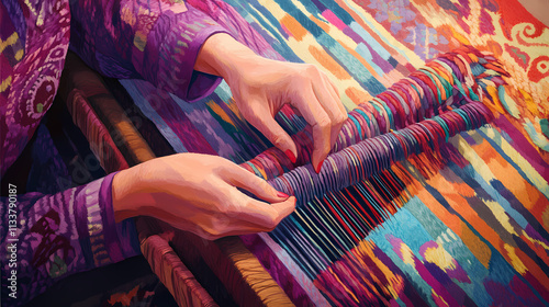 A person weaving a colorful tapestry on a loom, with detailed patterns emerging as they work. Looming. Illustration