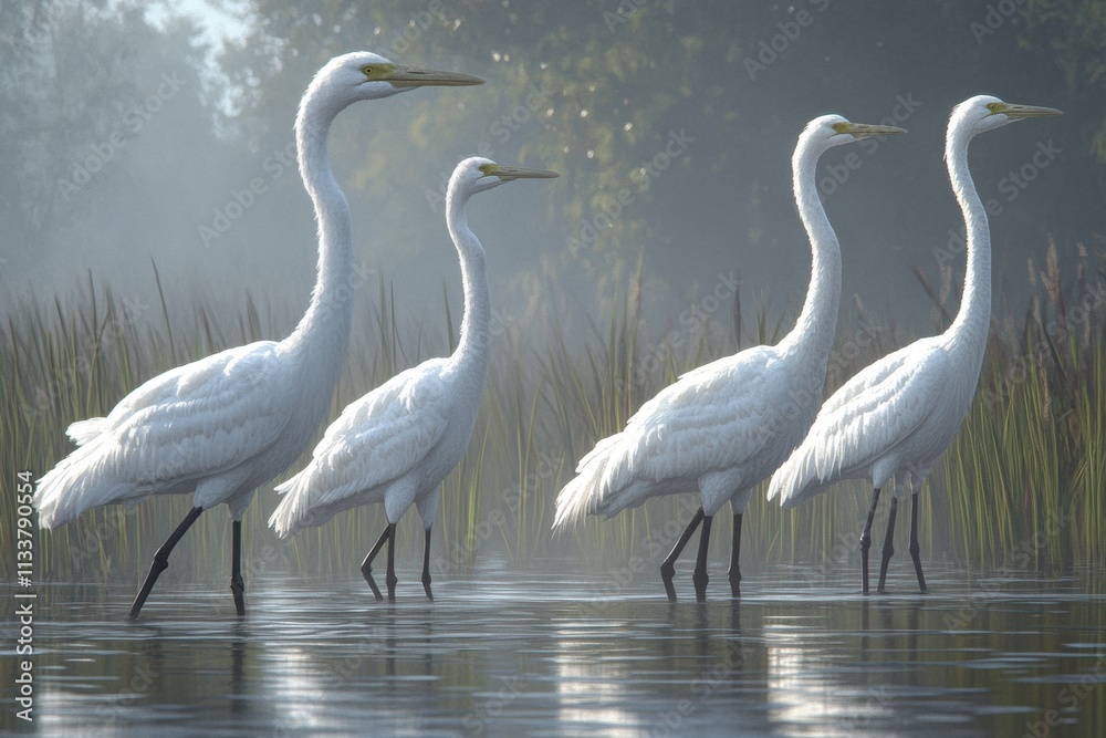 Fototapeta premium Four Great White Egret Birds in Misty Morning Marsh