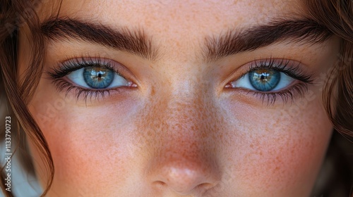 Close-up of a young person's face highlighting striking blue eyes and freckles.