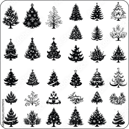 Merry Chrismas tree icon set on gray background, set of silhouettes of trees chersmas, vector illustration flat desing
