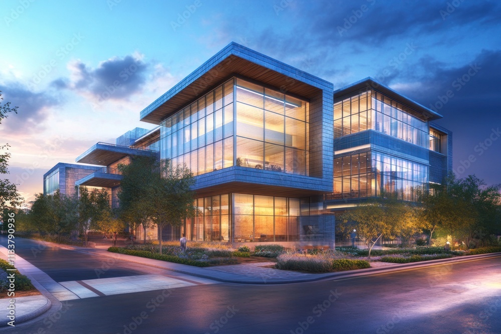 Fototapeta premium Modern glass office building at dusk.