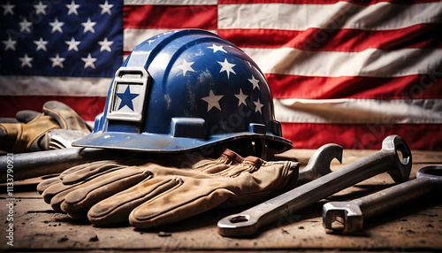 Labor Day Patriotic American Flag with Tools and Construction Gear