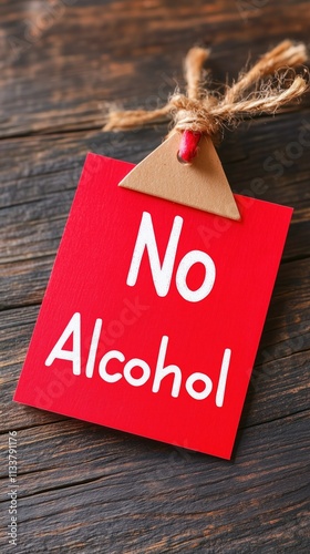 Red Sign with White Lettering Proclaims No Alcohol Policy on Rustic Wooden Background photo